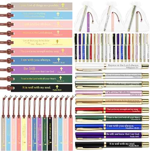 Spakon 50 Sets Christian Gifts for Women, Leather Christian Bookmarks Inspirational Religious Pens Motivational Scripture Bible Verse Bookmarks with Bag for Sunday School Church Teacher Employee Team