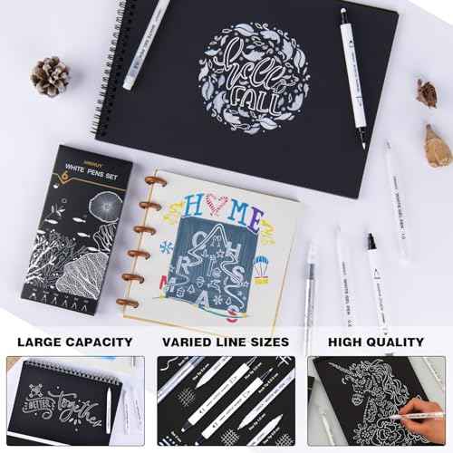 HNIHUY White Ink Pens, Fine Point White Gel Pens, Brush Tip Acrylic Markers, Dual-Tip Opaque Paint Pens for Black Paper Drawing, Sketching, Illustration, Card Making, 6 Pack