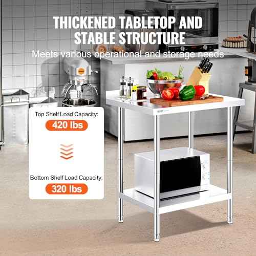 VEVOR 24 x 30 x 36 Inch Stainless Steel Work Table, Commercial Food Prep Worktable Heavy Duty Prep Worktable, Metal Work Table with Adjustable Height for Restaurant, Home and Hotel