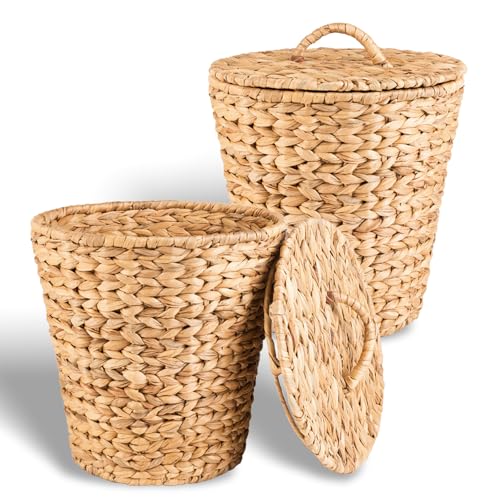Small Trash Can with Lid, 4 Gallon Waste Basket with Lid, Round Wicker Waste Basket, Handwoven Lidded Trash Can for Bathroom, Bedroom, Kitchen, 2 Pack