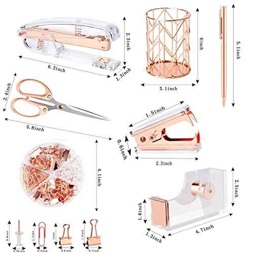 Famassi Rose Gold Desk Accessories£¬Office Supplies Set Acrylic Stapler Set Staple Remover, Tape Holder, 2 Ballpoint Pen, Scissor, Binder/Paper Clips and 1000pcs Staples.