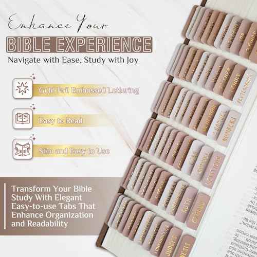 Laminated Bible Tabs, Bible Study Supplies, Large Print Bible Book Tabs for Women and Men, (Gold Foil Embossed Lettering) Bible Labels Index Tabs, Bible Accessories for Easy Navigation (Khaki)