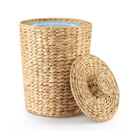 2 Gallons Wicker Waste Basket - Water Hyacinth Bathroom Garbage Can with a Lid - Bathroom Trash Can Boho Style - Wicker Trash Can with Lid for Household, Kitchen - Removable Liner, Iron Frame