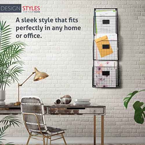 Designstyles Three Tier Wall File Holder ? Durable Pewter Metal Rack with Spacious Slots for Easy Organization, Mounts on Wall and Door for Office, Home, and Work