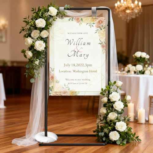 Wedding Welcome Sign Stand, Adjustable Welcome To Our Wedding Sign Stand, 70¡±x 31¡±x 20¡±Welcome Sign Holder with 4 Leather Sign Hanging Straps, Wedding Seating Chart Stand, Easel for Display, Black