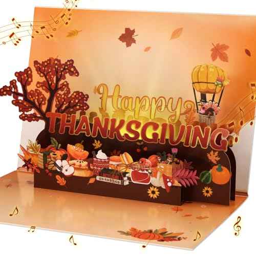D4DREAM Musical Thanksgiving Card with Light - 3D Fall Pop Up Thanksgiving Cards and Envelopes for Adults Kids Boyfriend Girlfriend Autumn Party Decor