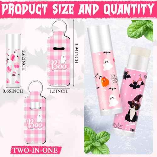 36 Pcs Halloween Lip Balms Gifts Bulk Halloween Party Favors Lip Balm Holder Keychain Spooky Ghost Skull Bat Lipstick Moisturizers for Adults Treat Bags Stuffers Party Supplies(Pink Style)
