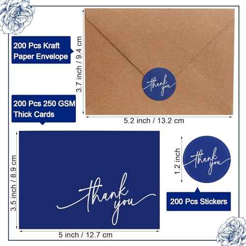 Gueevin 200 Pcs Thank You Cards with Kraft Envelopes and Stickers Bulk, 3.5 x 5 Inch Classy Blank Thank You Notes for Wedding, Business, Graduation, Baby Shower, Bridal Shower, Funeral(Navy Blue)