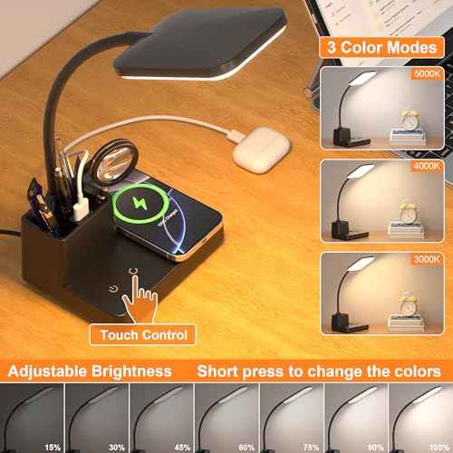 Sailstar Desk Lamp, Table Lamp with Wireless Charger & USB Port, 800LM CRI95 3 Color Modes Dimmable Touch 360¡ÆGooseneck Pen Holder, LED Desk Lamps for Home Office, College Dorm Room, Adapter Included