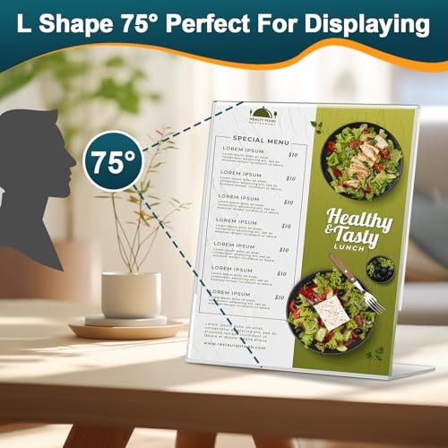 12 Pack Acrylic Sign Holders 8.5x11 Inches - L-Shape Vertical Menu & Photo Display Stand for Restaurants & Office - Clear Plastic Paper Stands