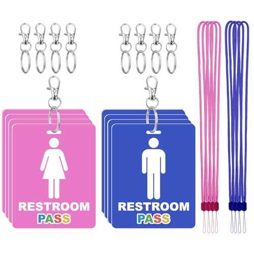 8 Set Bathroom Pass Restroom Hall Pass for Classrooms with Keychain Holder Lanyard Blue and Pink Key Tag for Women Men Restaurant Toilet Office School Classroom