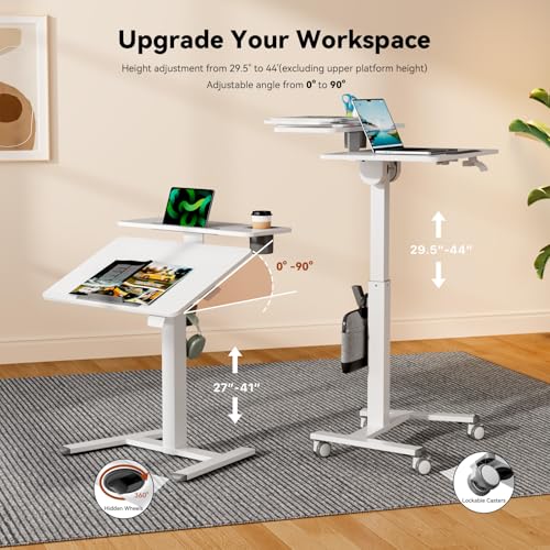 White 28-Inch Mobile Standing Desk with Tiltable Top & 2-Tier Shelves