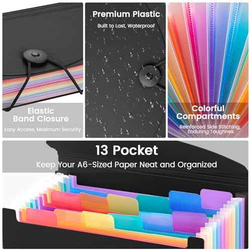 13 Pocket A6 Receipt Organizer, 2 Pack Small Accordion File Organizer, Coupon Organizer with Labels - Black