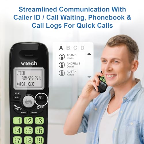 VTech Cordless Phone with DECT 6.0, Full-Duplex Speakerphone, Lighted Display, Backlit Keypad, Caller ID, Volume Control, Hearing Aid Compatible, Wall Mount, Black — Without Answering Machine