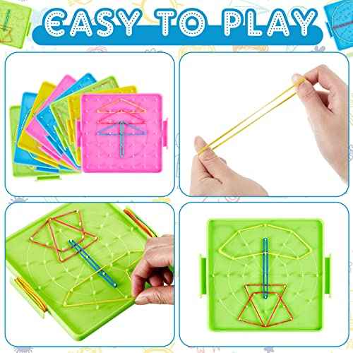 Deekin 50 Pcs Double Sided Geoboard Mathematical Kids Geoboards with Rubber Bands Math Manipulatives Toy for Geometry, 6.9 x 6.3 Inches Classroom Back to School