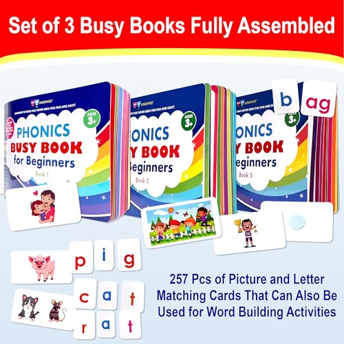 Learn to Read Phonics Busy Book for Beginning Readers, Montessori-Inspired Set of 3 Busy Books for Kids Ages 4-8, 60 Learning Activities, Read in 4 Weeks with CVC Words and Sight Words