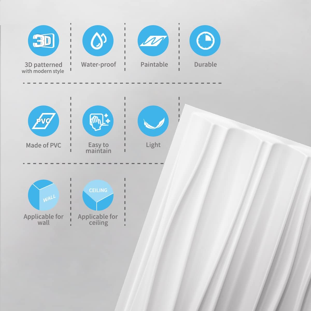 Art3d 3D Wall Panels - Large White PVC Textured Wavy Design for Stunning Interior Décor | Pack of 6 Tiles (47.2"×23.6")