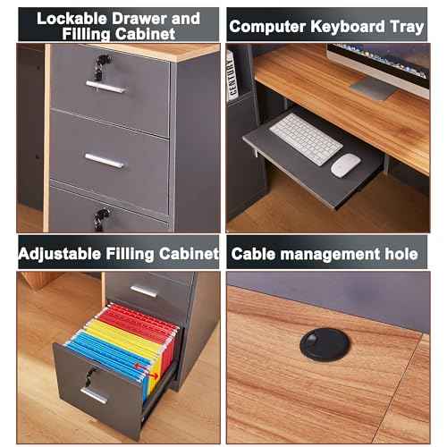 L Shaped Reception Desk with Lockable Drawers and Adjustable Filling Cabinet,Modern Front Desk Reception Counter with Keyboard Tray and Storage Cabinet for Checkout,Lobby,Beauty Salon
