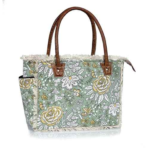 Boho Floral Canvas Tote Bag ? Large Green Shoulder Bag with Fringe & Leather Handles | Laptop/Work/Everyday Bag for Women