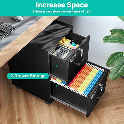 SISESOL Black 2-Drawer Mobile File Cabinet with Lock, Under Desk Office Storage