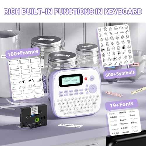 Label Maker Machine with-Tape Waterproof, Purple Desktop Label Maker for Teachers Kids Classroom Gifts, Portable Labeler with Multiple Symbols &Fonts for Home Office School Use, D210S