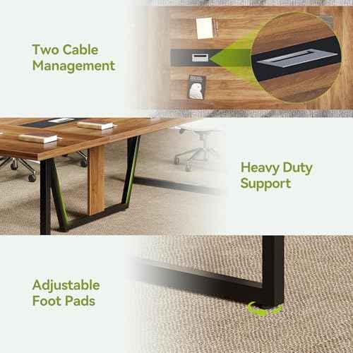 Little Tree 8FT Conference Table for 10 People, Large Meeting Table, Modern Conference Room Table with Cable Management, Training Table with Strong Metal Legs for Office, Brown