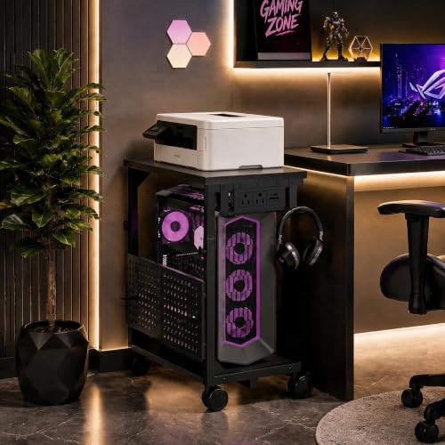 TFK Adjustable Computer Tower Stand with Charging Station & Pegboard - Medium / Black