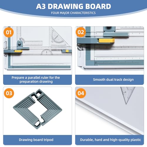 QIJIAA Imperial A3 Drafting Board with Adjustable Angle & Measure System, Portable