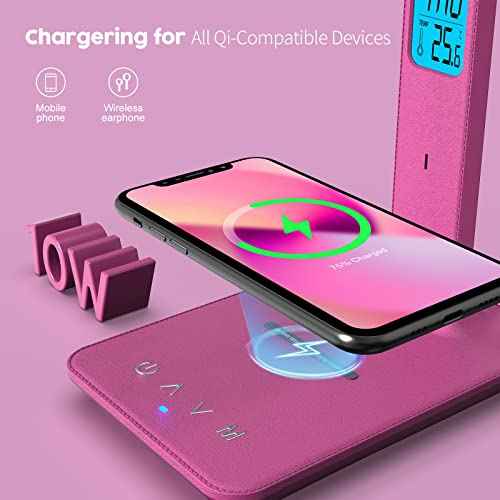 poukaran Desk Lamp, LED Desk Lamp with Wireless Charger, USB Charging Port, Table Lamp with Clock, Alarm, Date, Temperature, Office Lamp, Desk Lamps for Home Office, Pink