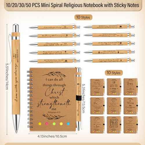 Spakon 30 Set Christian Gifts Bulk Church Gifts Religious Notebook Spiral Bible Verse Bamboo Pens Mini Bible Study Journal for Sunday School Employee Coworker Men Women (Brown)