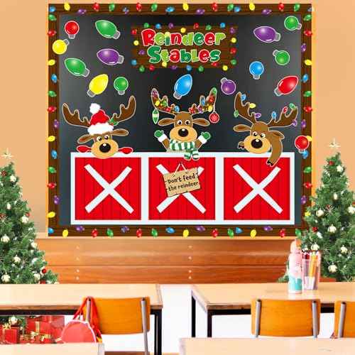 53 Pcs Christmas Bulletin Board Decorations Set Xmas Reindeer Stable Classroom Decor Xmas Bulb Elk Paper Cutouts with Borders for Door Wall School Classroom Winter Holiday Party Supplies
