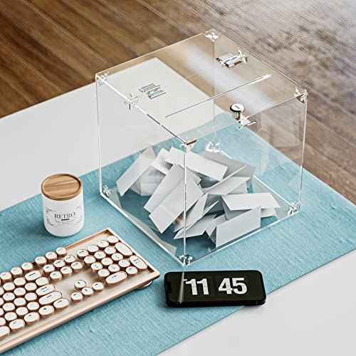 MaxGear Acrylic Donation Box, 9.8" x 9.8" x 9.8" Square Suggestion Box with Lock, Large Comment Case for Fundraising, Donating, Bar, School, 1 Pack