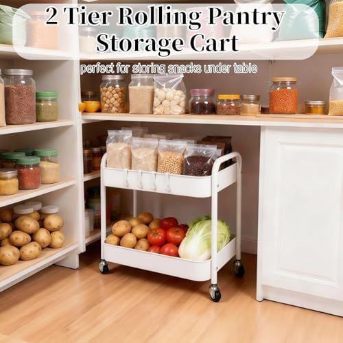 White 2-Tier Rolling Cart with Hooks for Under Desk & Pantry Storage - LIWNYRK