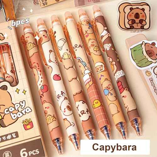 6 Pcs Cute Erasable Retractable Pens - Erasable Gel Ink Pens with Cartoon Capybara Design, 0.5mm Fine Point Blue Ink, Perfect for Office, School, Women, Girls, Boys