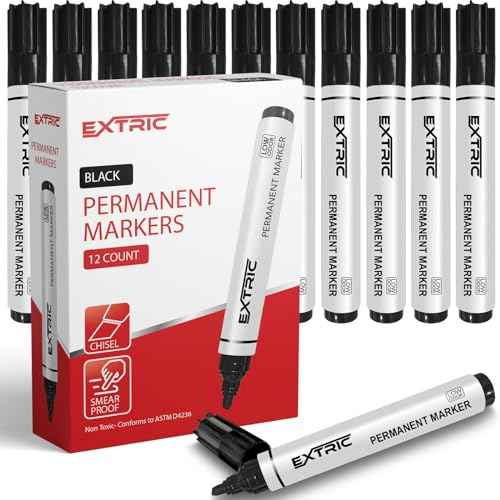 EXTRIC Permanent Markers Chisel Tip, Black, 12 Count, Quick Drying Ink, Works on Paper, Wood, Plastic, Metal and Glass, Great for Home, Office and School use