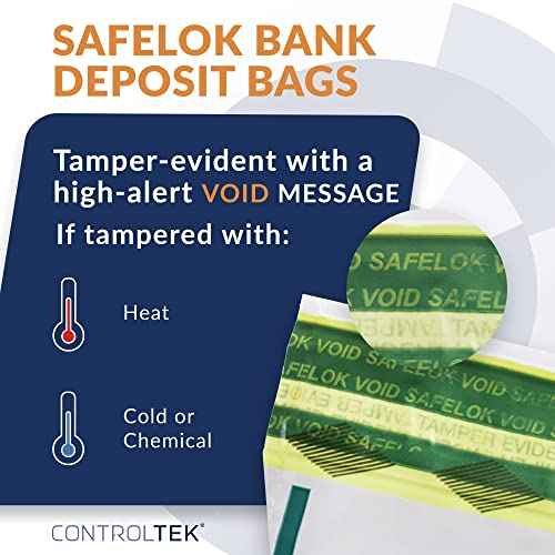 ControlTek SafeLok 12" x 16", Clear, 100 Bags, Tamper-Evident Deposit Bags for Cash Handling & Valuables, Moisture, Heat and Cold Sensitive Ink, Tear-off receipt + Large Barcodes 585093