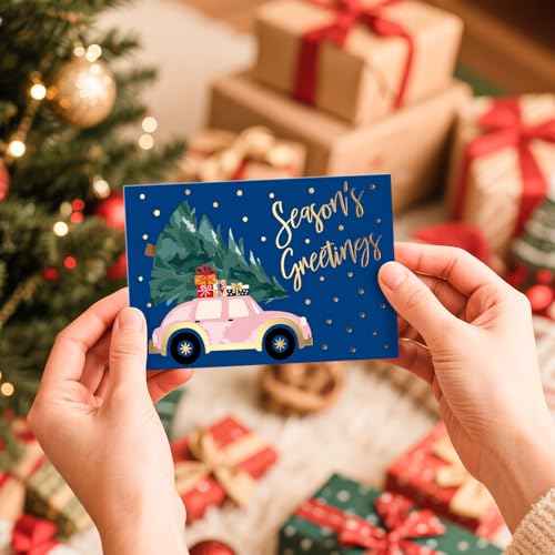Christmas Cards with Envelopes (Foiled, Red & Green), 24 Gold Foil Holiday Cards Boxed with Non-religious Messages inside, Xmas Card Bulk for Coworkers, Family, Friends, Kids, 6"¡¿4" Folded