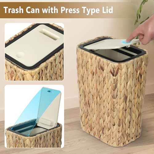 Boho Trash Can with Lid for Bathroom,2.6 Gallon Small Rattan Garbage Can with Press Top Lid,Woven Wastebasket and Hamper 2 in 1 Wicker Trash Basket for Bathroom,Kitchen,Living Room,Bedroom