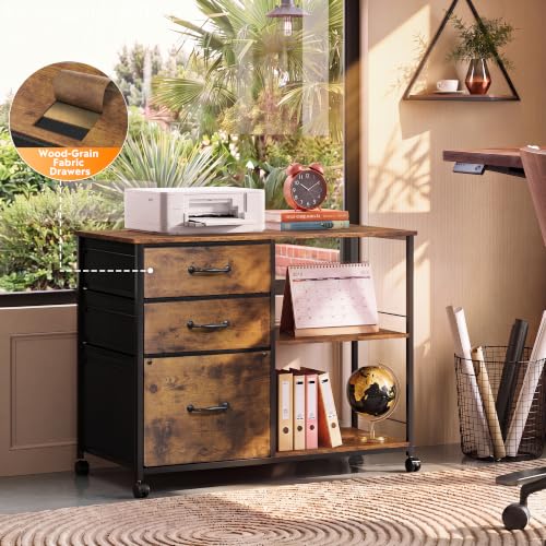 DEVAISE 3-Drawer Mobile File Cabinet with Fabric Drawers, Rustic Brown Wood Grain - No Charging Station