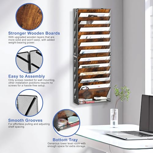 12-Tier Wall File Organizer, Wood Mail Organizer Wall Mounted Paper Document Magazine Holder, Hanging Clipboard Storage Basket with Tray for Office Home School Organization, Black/Antique