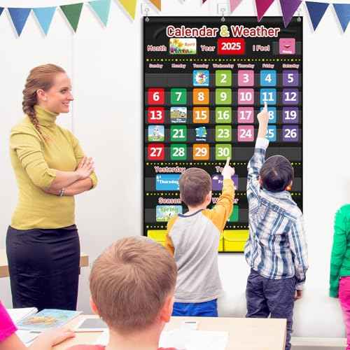 Calendar and Weather Pocket Chart for Kids Learning, Large 44.5¡±x28¡± Homeschooling Calendar Pocket Chart with 113 Cards, Teacher and Back to School Supplies