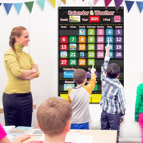 Black Kids Calendar and Weather Pocket Chart with 113 Cards - Homeschool & Classroom Learning