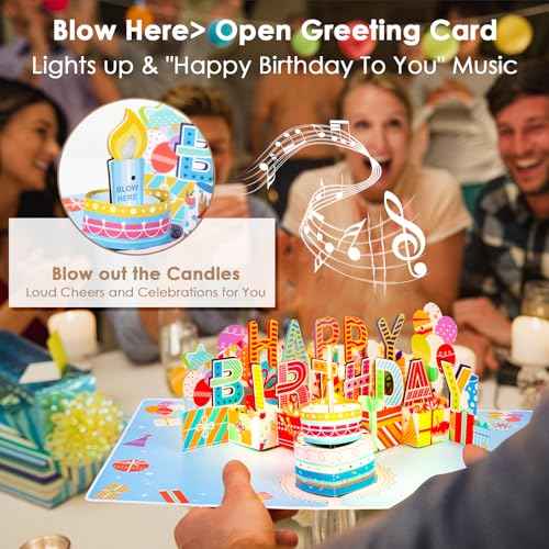 3D Musical Birthday Pop Up Card, Blow Out LED Light Candle & Music Happy Birthday Card Birthday Greeting Cards with Blank Note Card and Envelope for Kid Husband, Men, Women, Mom