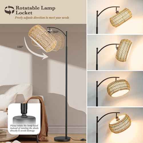 Arc Floor Lamps with Remote Control and Stepless Dimmable Color Temperature and Brightness Rattan Floor Lamps with Rattan and Cloth Dual Lampshade Standing Lamp for Living Room Bedroom, Black