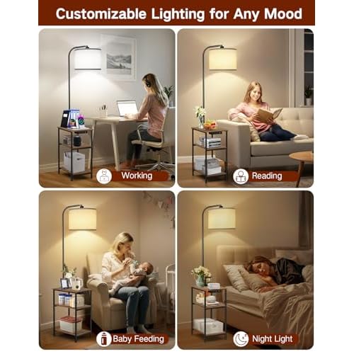 Floor Lamp with Table & Remote, Side End Table with Charging Station, Dimmable Nightstand with 3 Color Temperatures, 1-Hour Timer, 12W LED Bulb, for Living Room, Bedroom