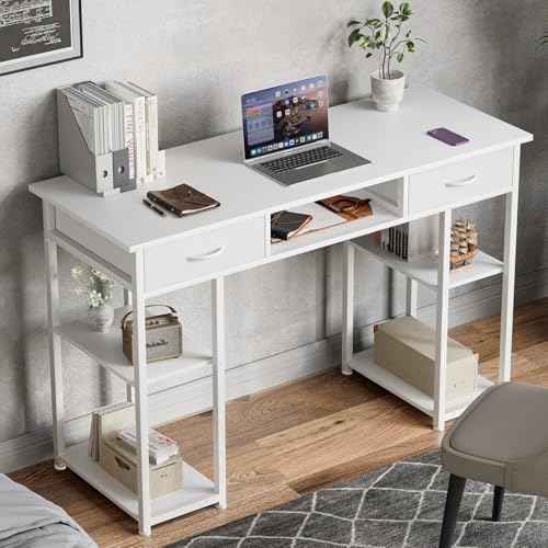OLIXIS 48 Inch Desk with Drawers, Home Office Computer Desk with Adjustable Shelves on Both Sides, Study Writing Table with Adjustable Feet for Bedroom, White