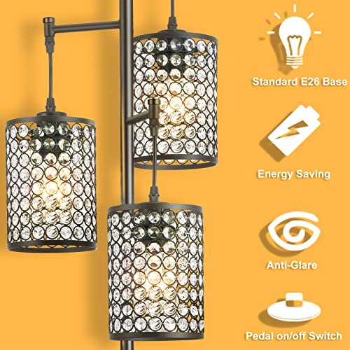 EE Eleven Master Modern 3-Light Tree Floor Lamp for Living Room Crystal Standing Lamp with On/Off Switch Elegant Black Pole Light for Bedrooms Office Hotel