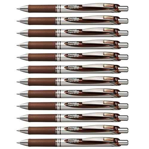 Pentel EnerGel RTX Retractable Liquid Gel Pen, (0.7mm) Metal Tip, Medium Line, Brown Ink, 12 pack (BL77-E)