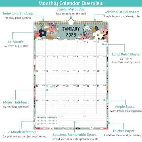 Wall Calendar 2026-2027 ? Jan.2026 - Jun.2027, Calendar 2026-2027 Wall, 18 Monthly Calendar, 12 x 17 In, 2026 Calendar with Large Blocks, Thick Paper, Holidays, To-do £¦ Notes, Great for Organizing
