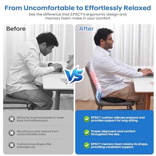 EPSCY Memory Foam Seat Cushion for Office Chair, Car, Airplane & Bleachers ? Ergonomic Support for Sciatica, Hip & Tailbone Pain Relief ? Comfort Pad for Long Sitting, Office Workers & Driver - Grey